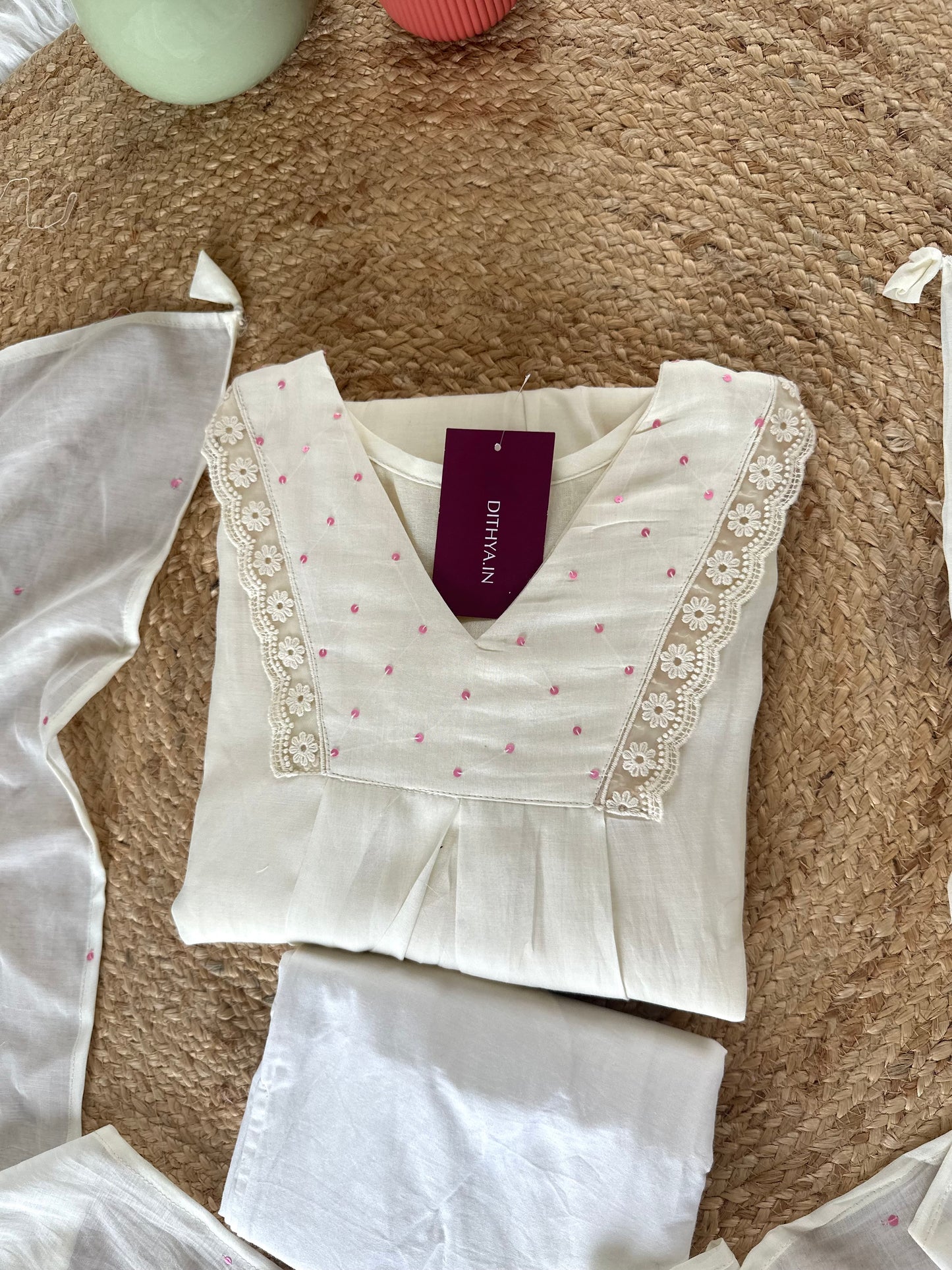 K065 - Mul Chanderi handwork Aline Kurti with pants and dupatta in 3 colours
