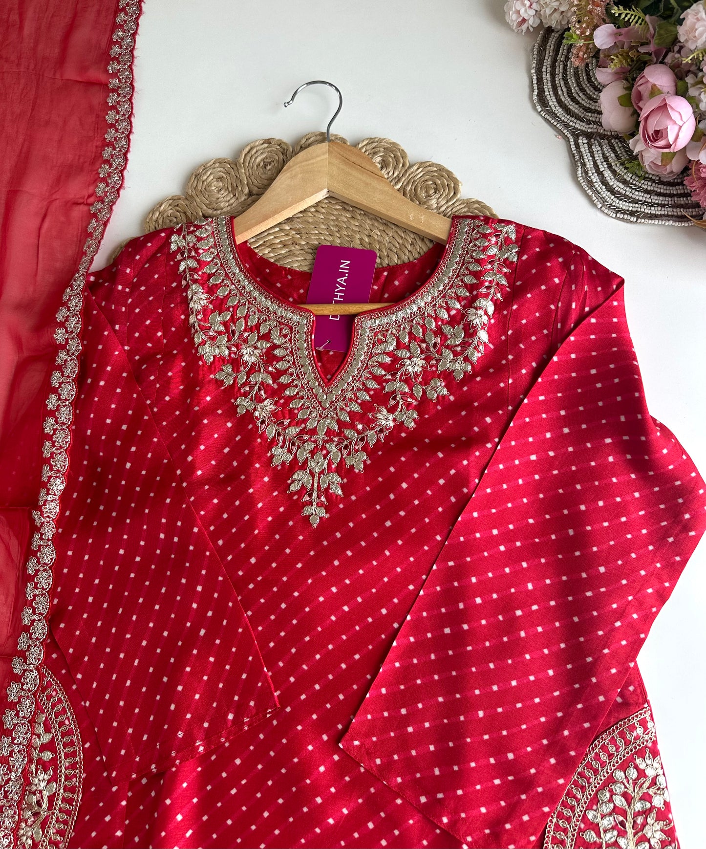 K341 - Russian silk gota work straight Kurti with pants and dupatta