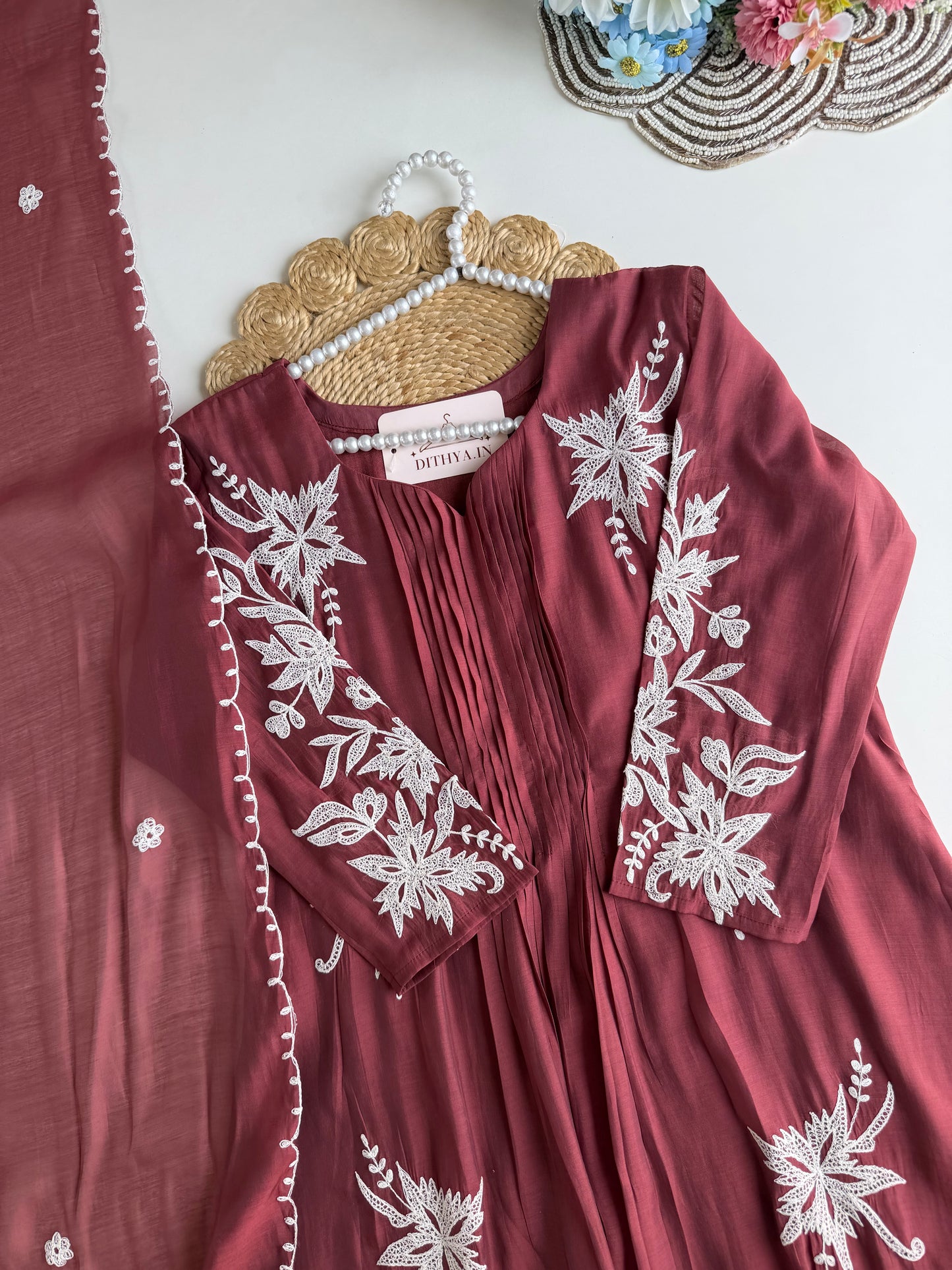 K496 - Mul chanderi appliqué work Anarkali with pants and dupatta