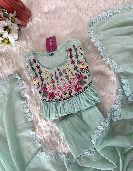 K376 - Mul Chanderi embroidered Aline Kurti with pants and dupatta
