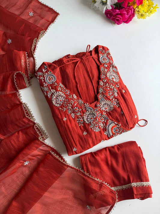 K331 - Mul chanderi handwork angrakha Anarkali with pants and dupatta