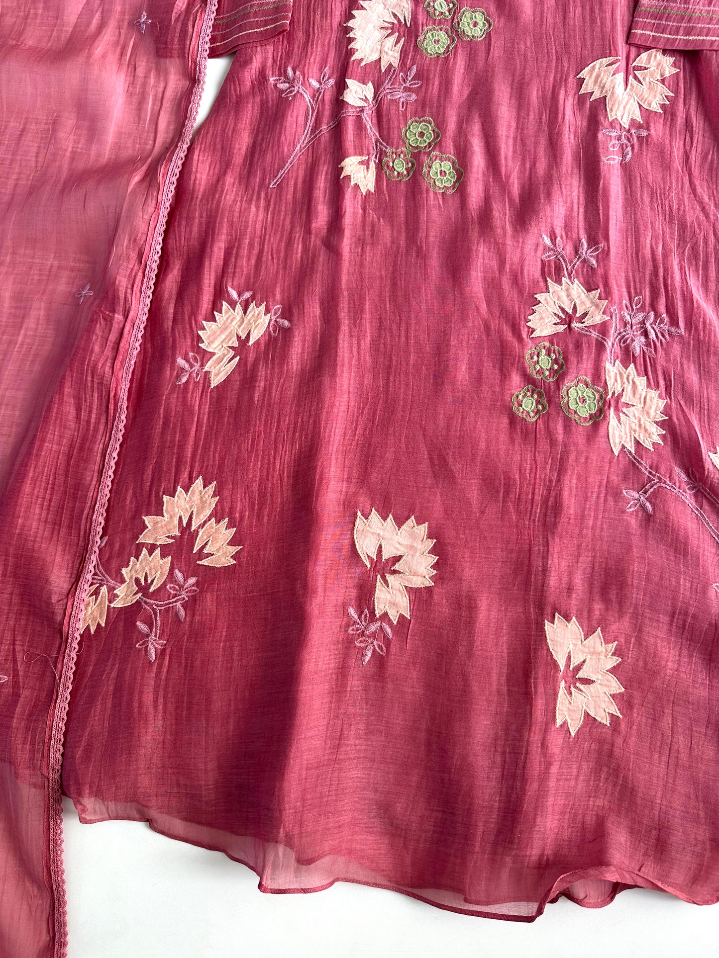 K030 - Mul Chanderi Appliqué work Aline Kurti with pants and dupatta