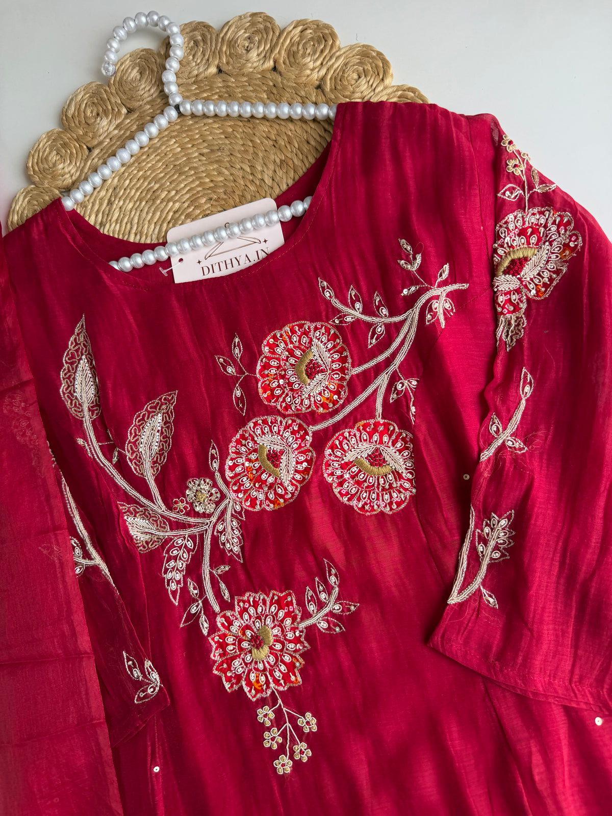 K465 - Mul chanderi handwork Aline Kurti with pants and dupatta