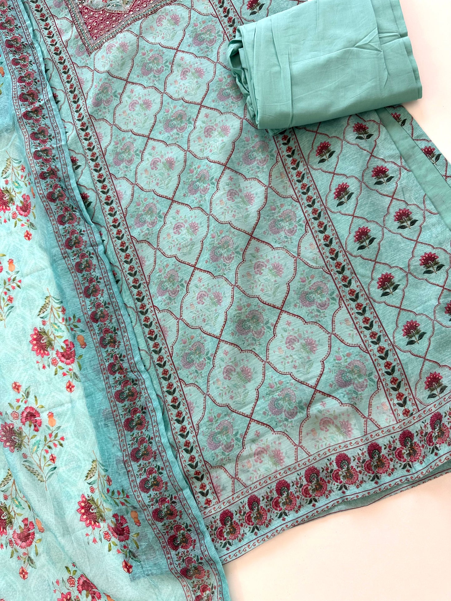 K027 - Soft chanderi handwork straight Kurti with pants and dupatta in 2 colours