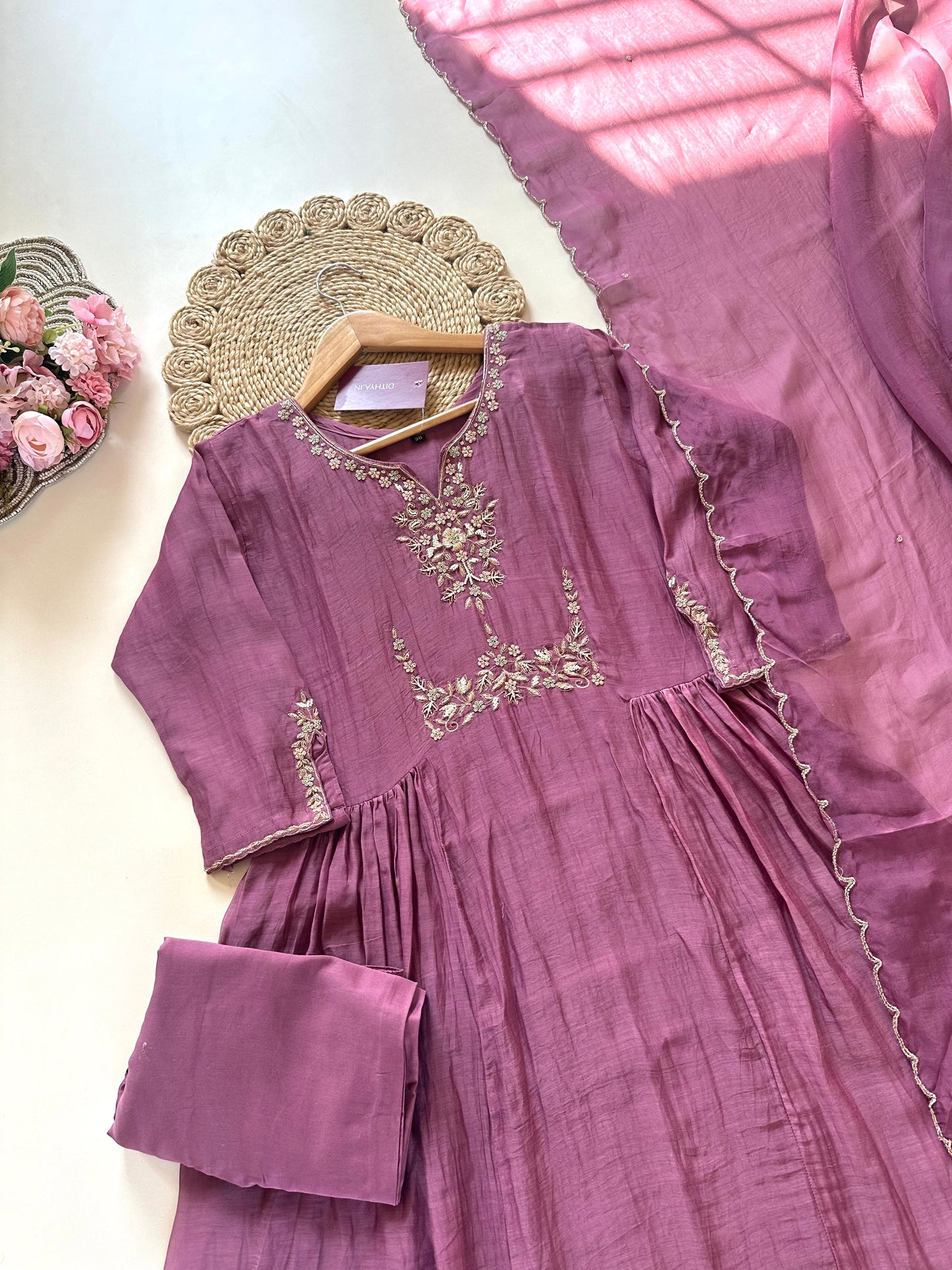 K247 - Mul Chanderi Zardosi Aline Kurti with pants and dupatta .