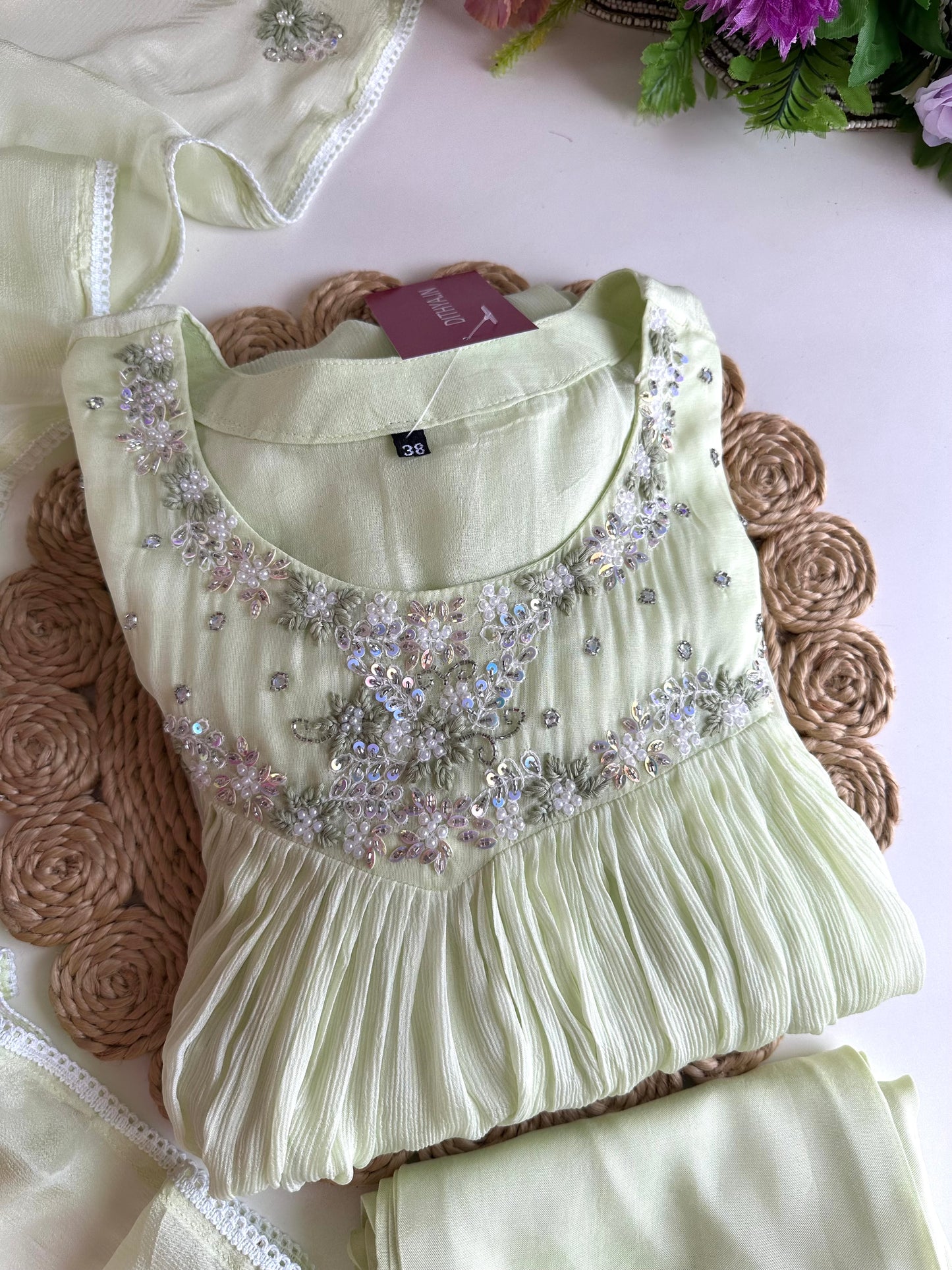K076 - Pure Chinnon handwork Anarkali with pants and dupatta