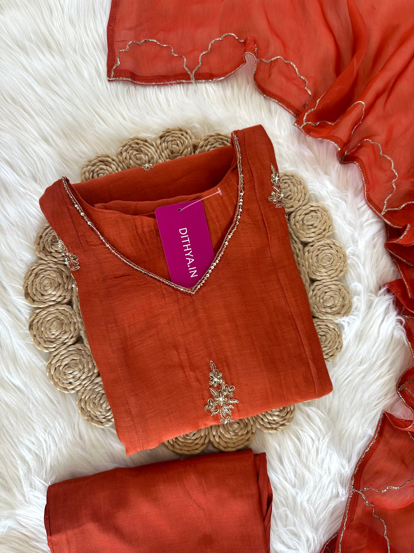 K086 - Mul Chanderi handwork Aline Kurti with pants and dupatta