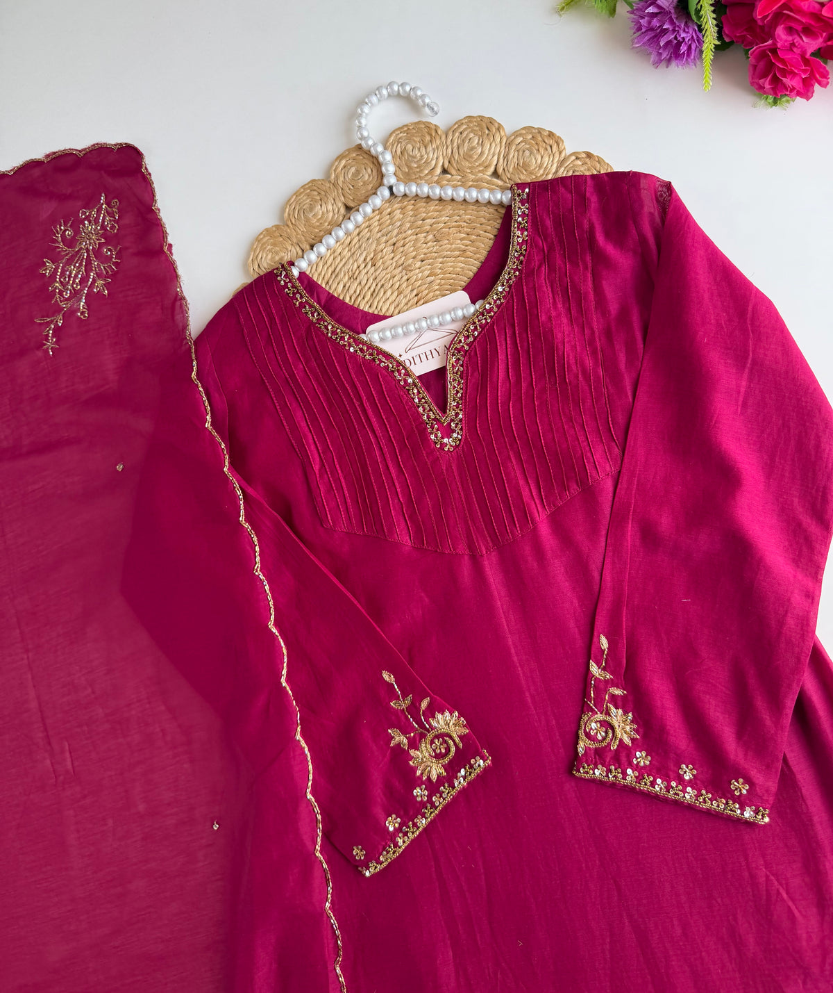 K295 - Mul chanderi handwork Aline Kurti with pants and dupatta