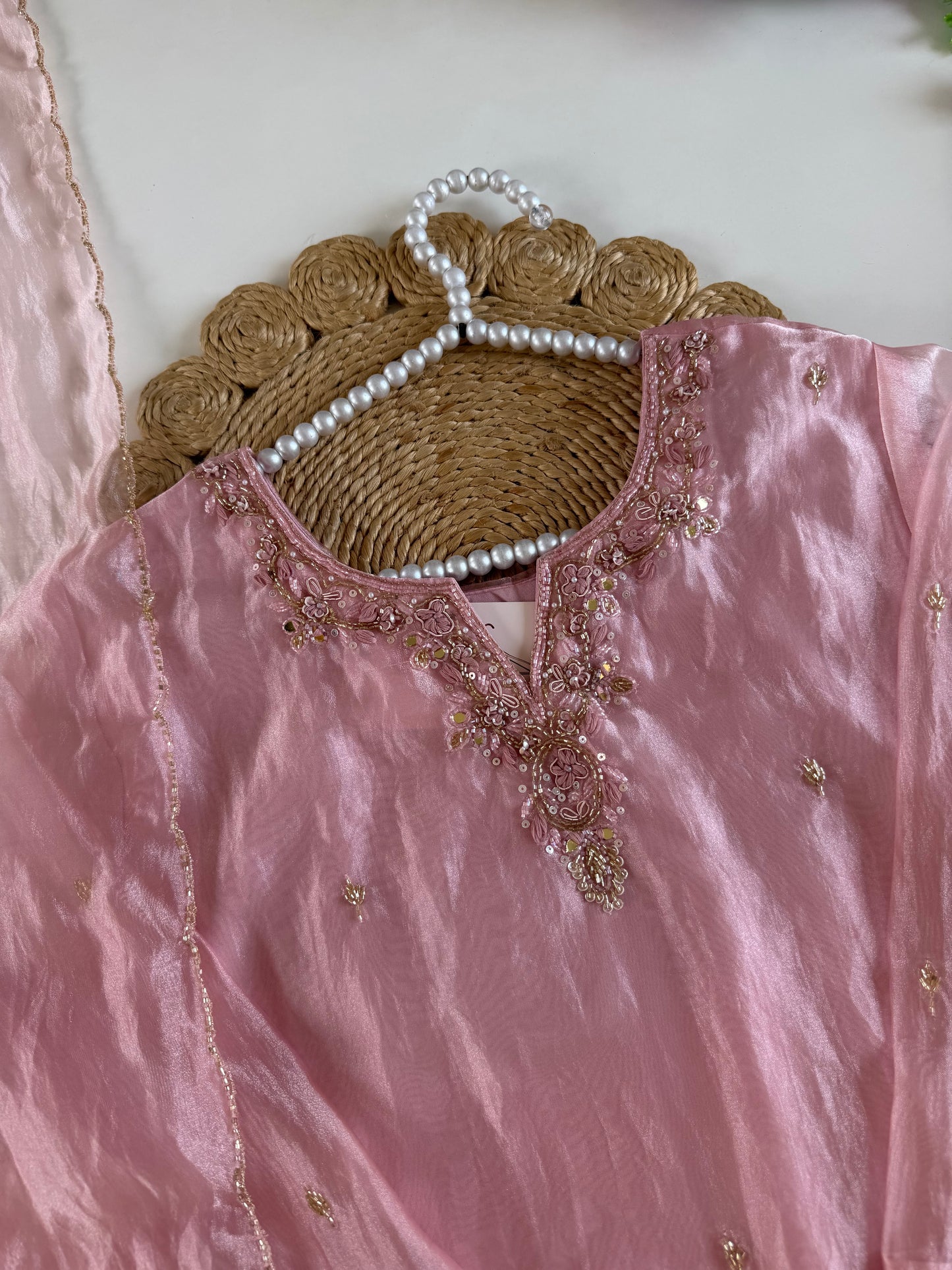 K391 - Glass tissue silk handwork short Kurti with divider pants and dupatta