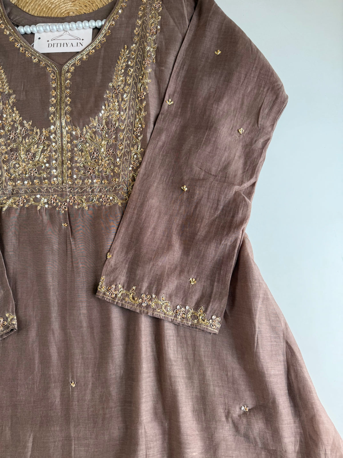K120 - Mul chanderi handwork Aline Kurti with pants and dupatta