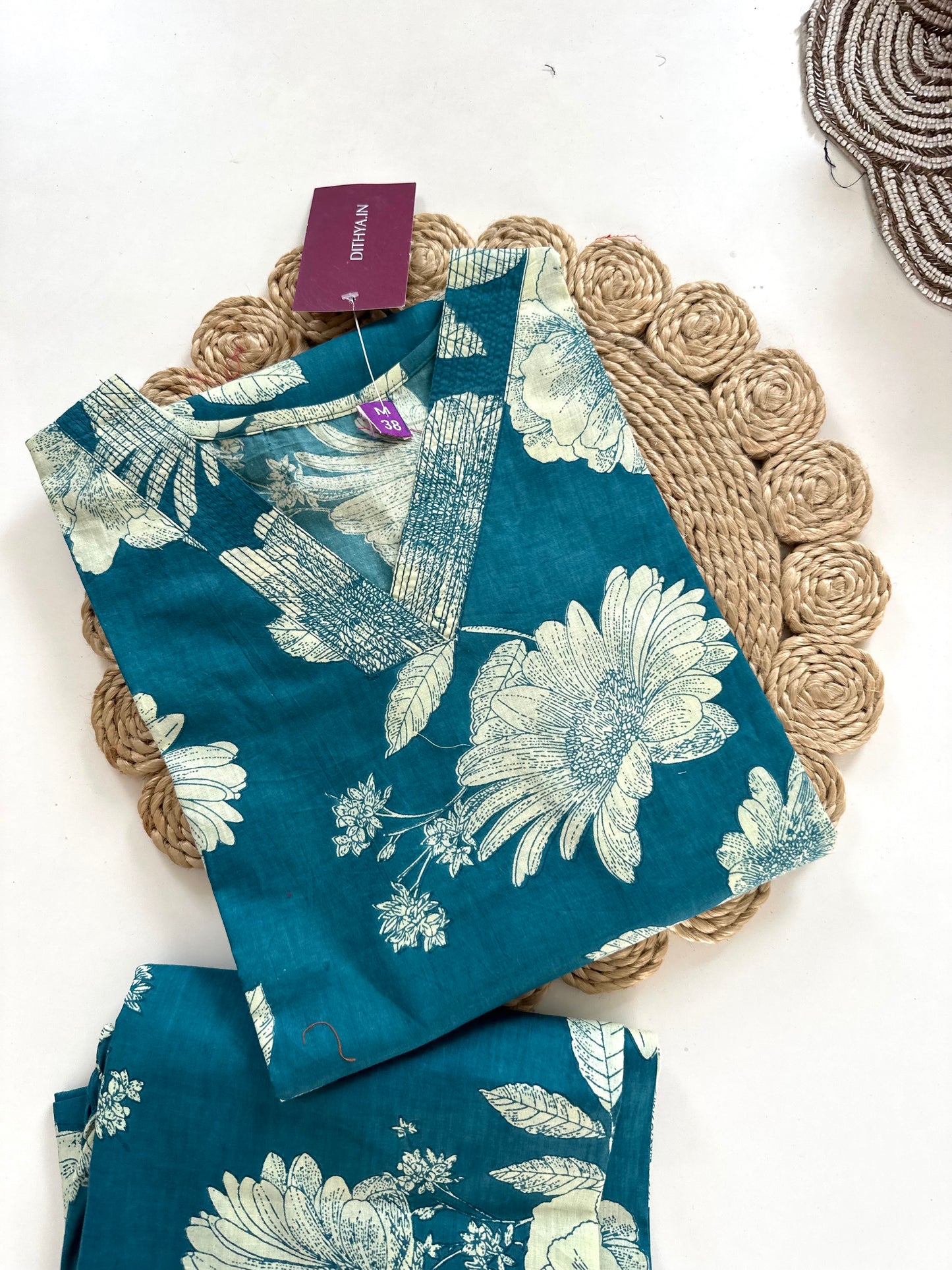 K227 - Cotton floral Aline Kurti with pants in 3 colours
