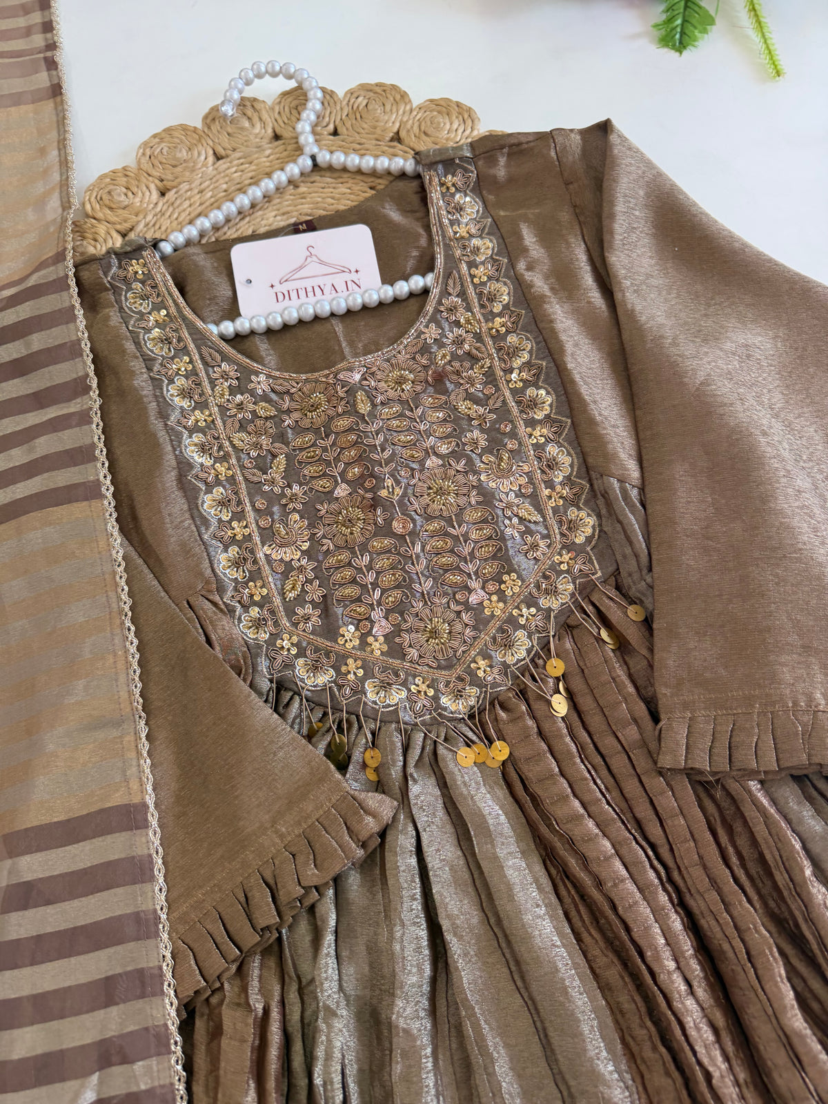 K228 - Crush tissue handwork Anarkali with pants and dupatta