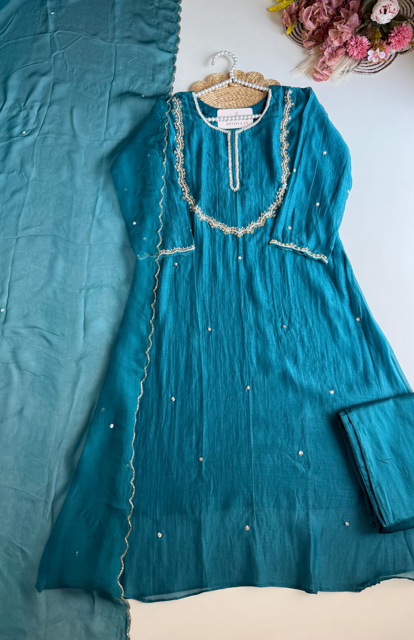 K506 - Mul chanderi handwork aline Kurti with pants and dupatta