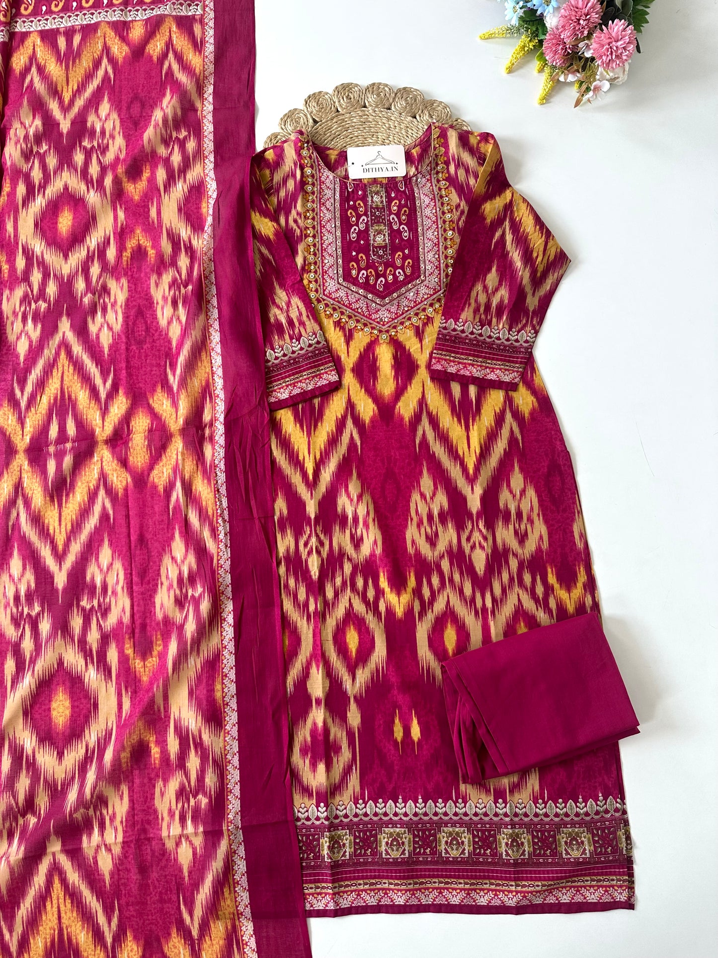 K701 - Mul cotton embroidered straight Kurti with pants and dupatta