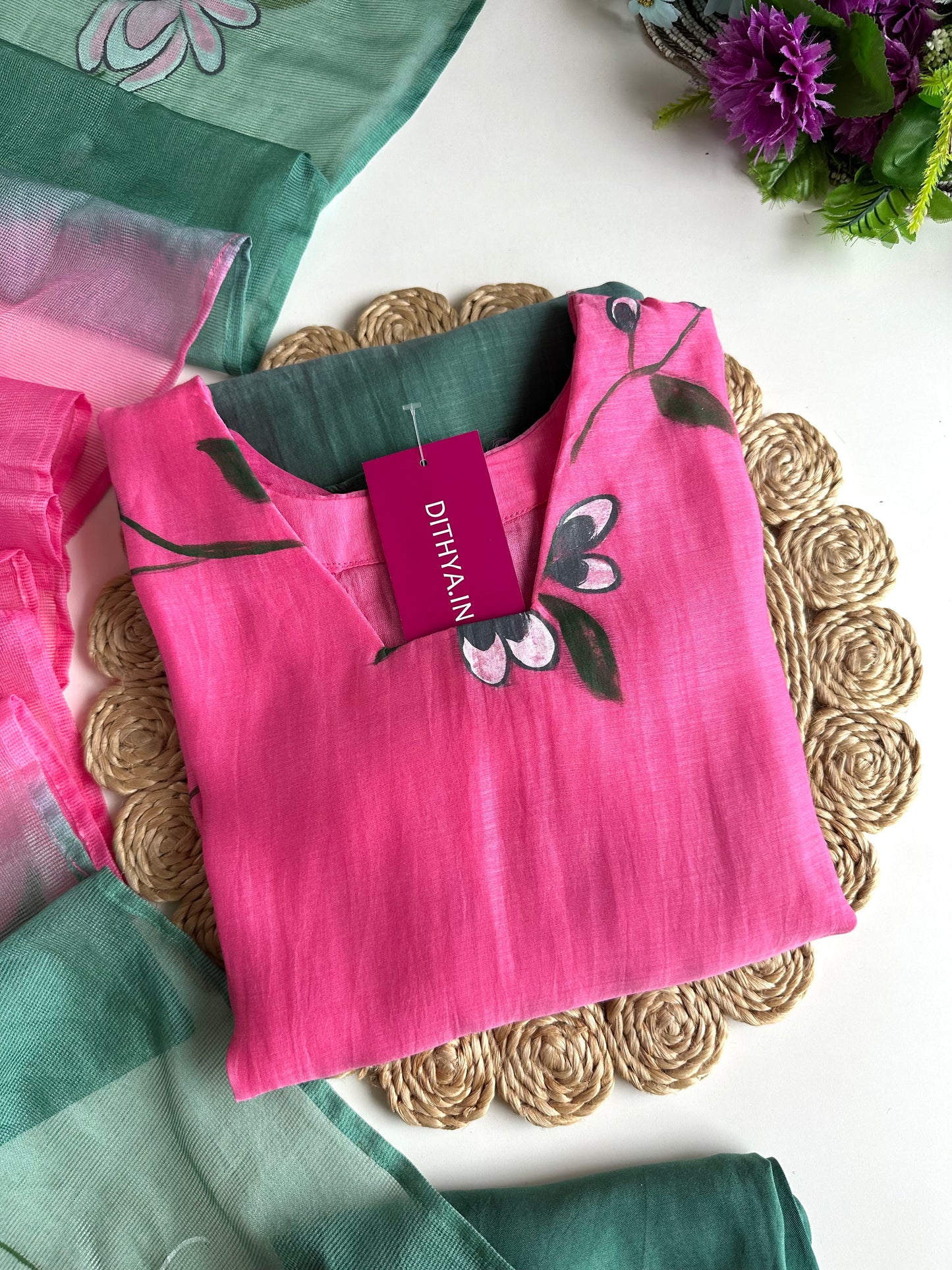 K257 - Mul Chanderi ombré handpainted Aline Kurti with pants and dupatta