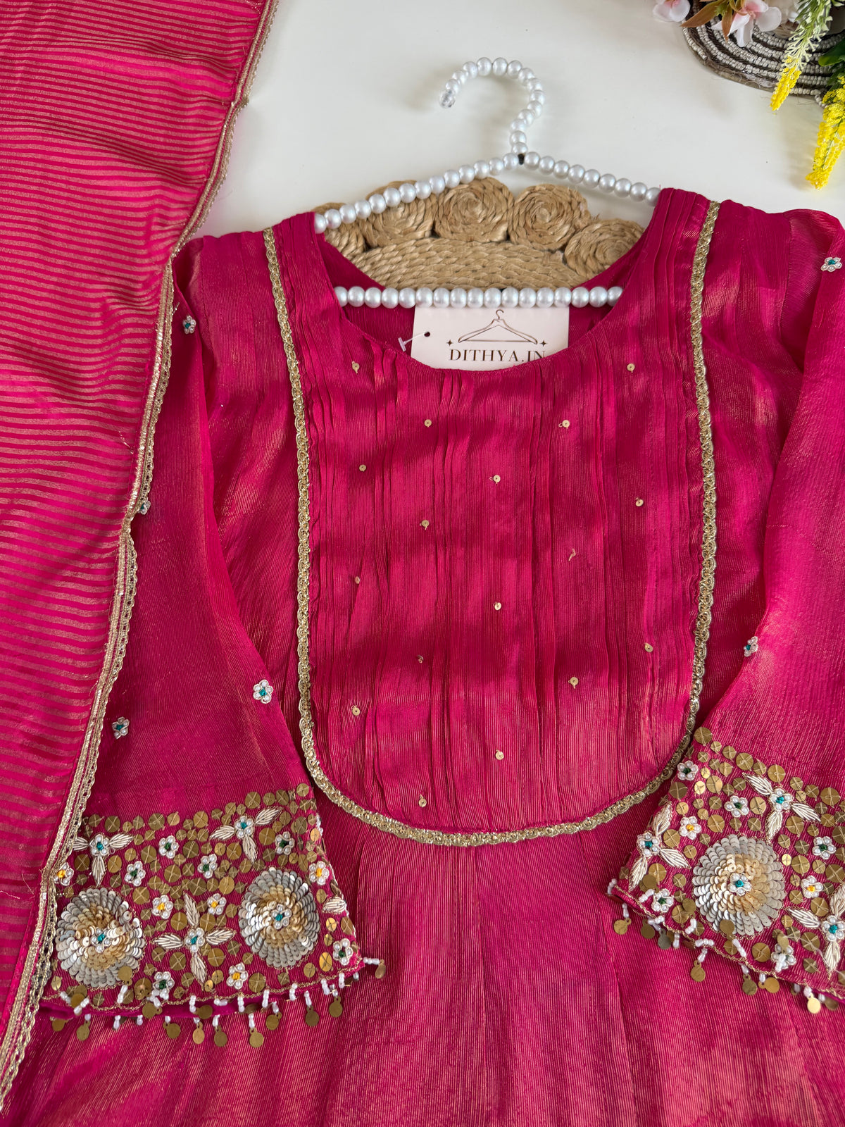 K475 - Tissue silk handwork Anarkali with pants and dupatta