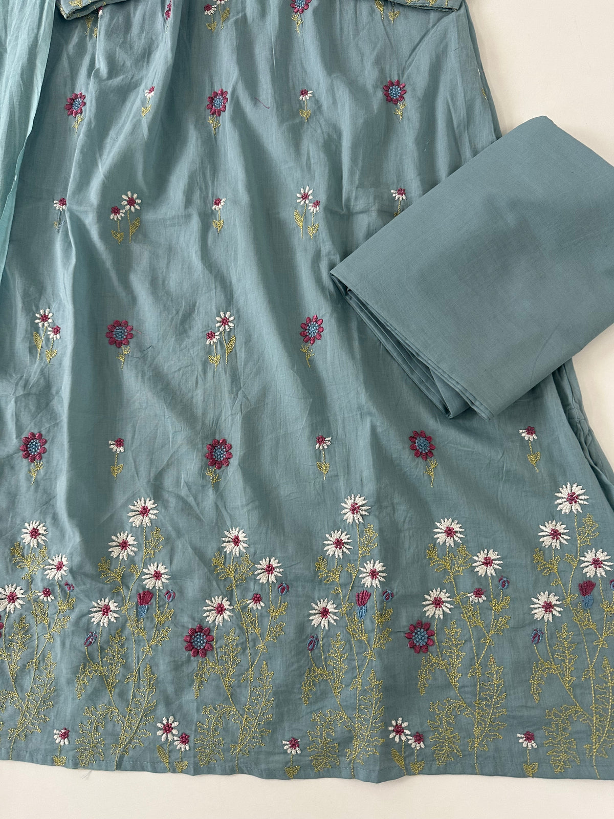 K395 - Mul cotton embroidered Aline Kurti with pants and dupatta in 3 colours