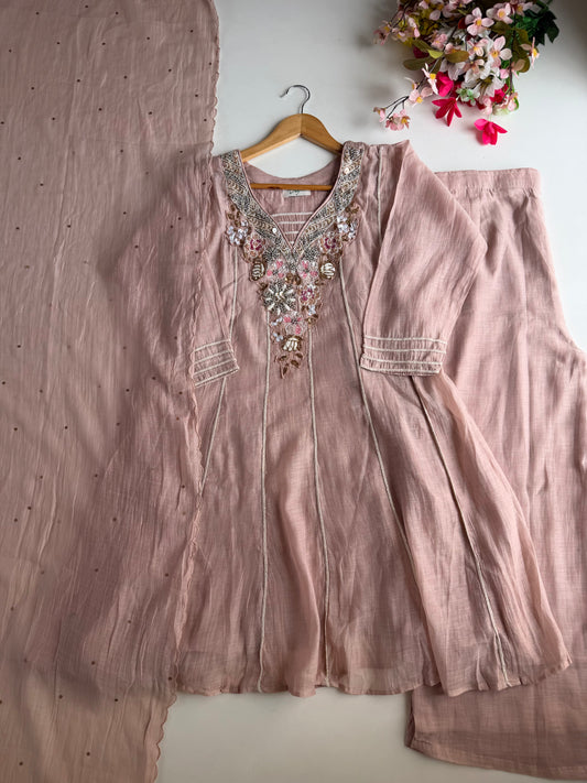 K407 - Mul chanderi handwork short Kurti with divider pants and dupatta