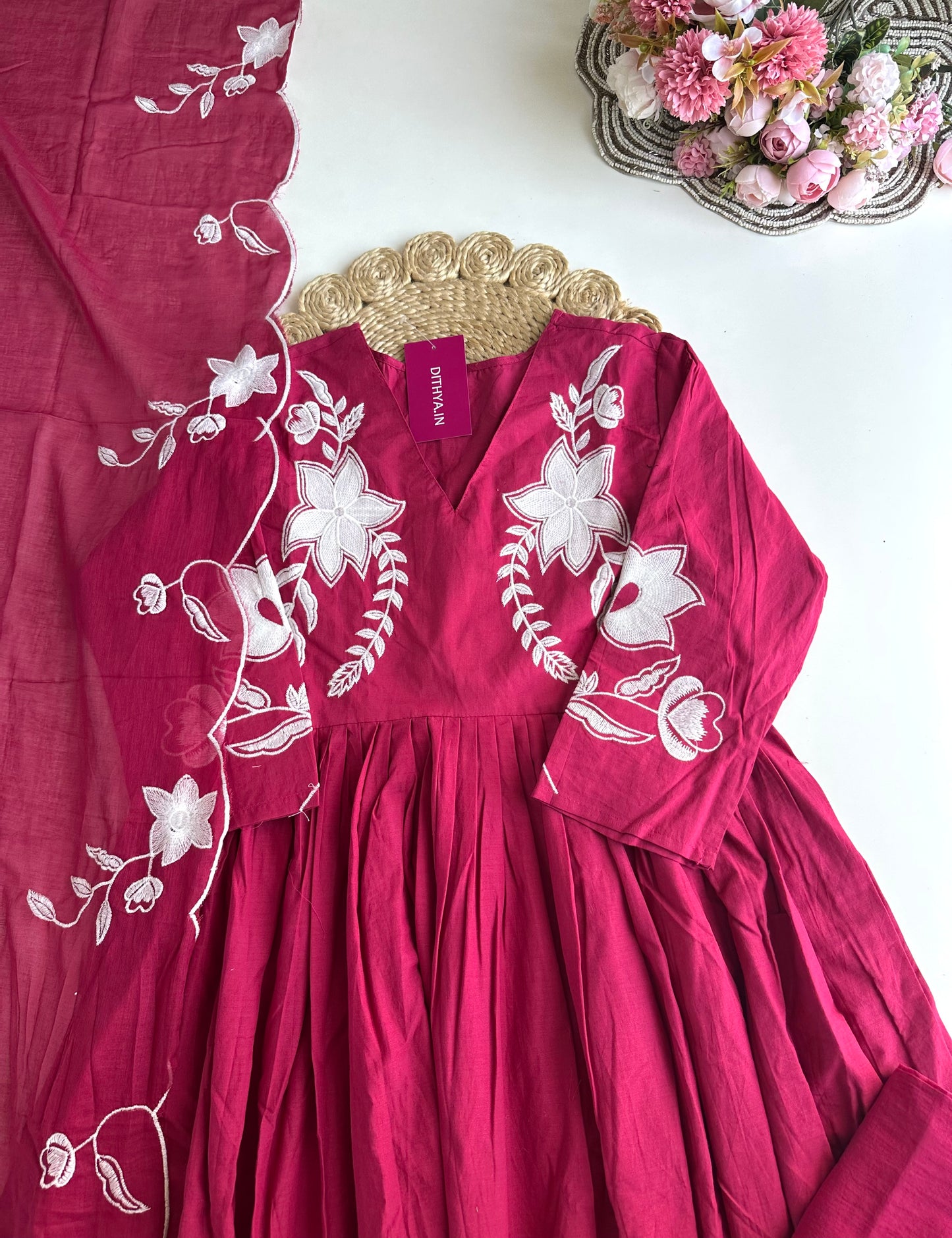 K197 - Mul cotton appliqué embroidery Anarkali with pants and dupatta