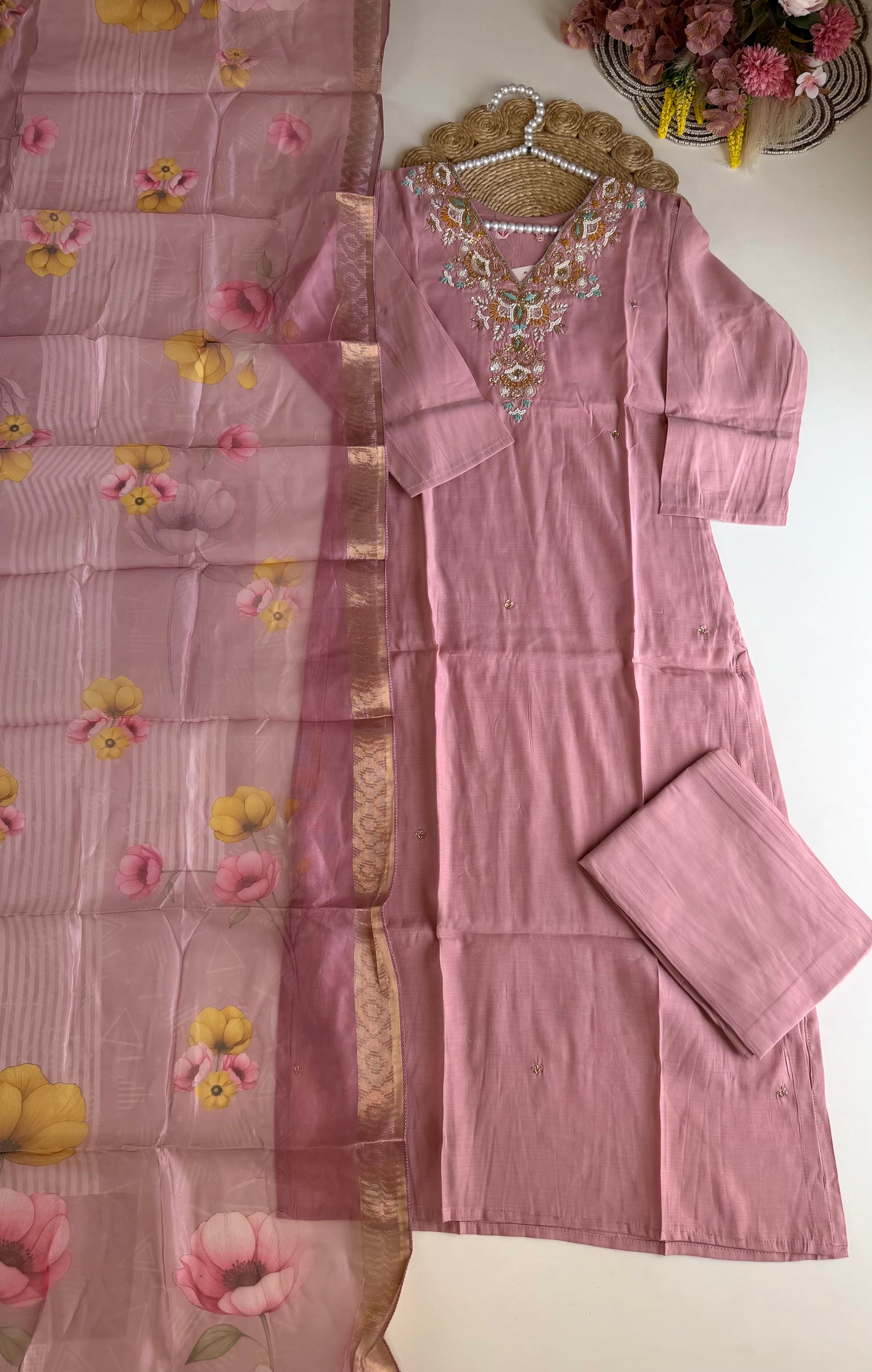 K515 - Roman silk handwork straight Kurti with pants and dupatta
