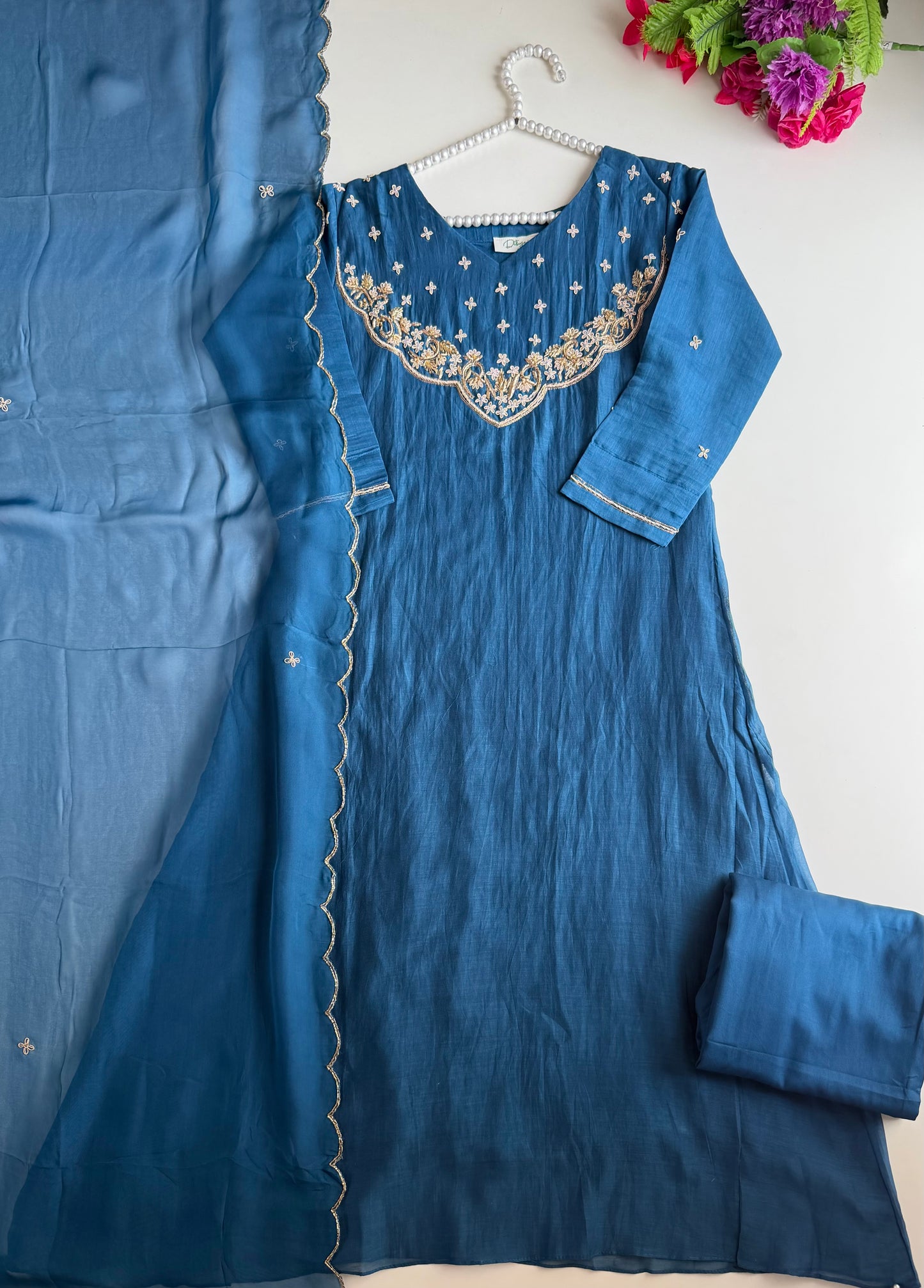 K328 - Mul chanderi handwork aline Kurti with pants and dupatta in 2 colours