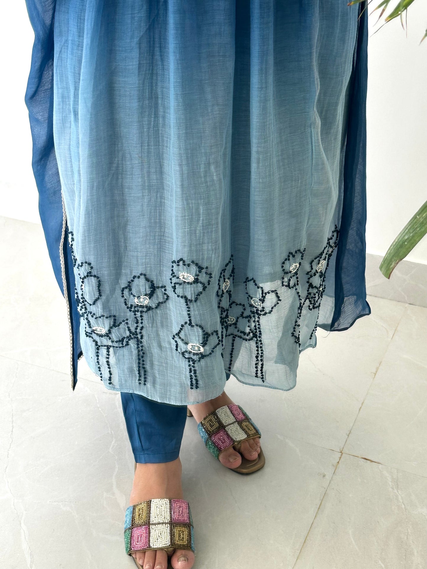 K226 - Mul Chanderi embroidered Aline Kurti with pants and dupatta