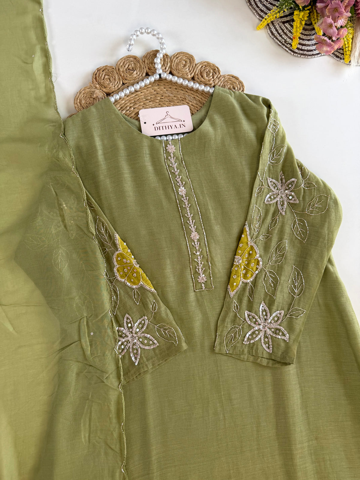 K181 - Mul chanderi handwork Aline Kurti with pants and dupatta in 2 colours
