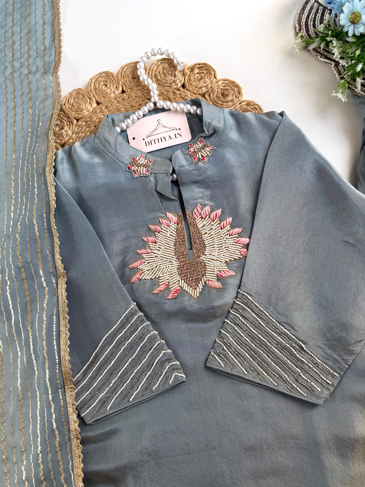 K229 - Tissue silk handwork short Kurti with divider pants and dupatta