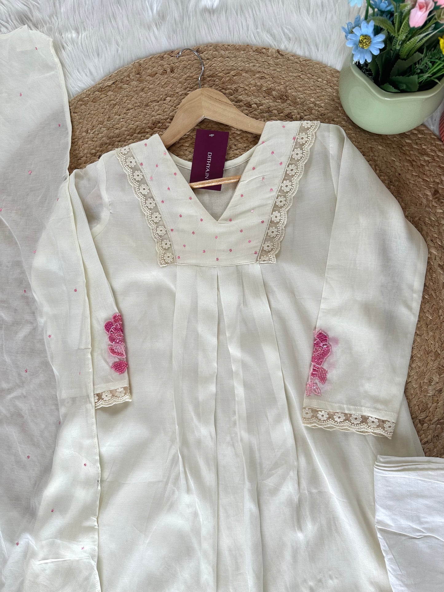 K065 - Mul Chanderi handwork Aline Kurti with pants and dupatta in 3 colours