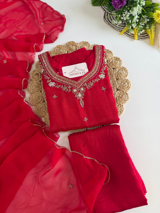 K552 - Russian silk handwork straight Kurti with pants and dupatta