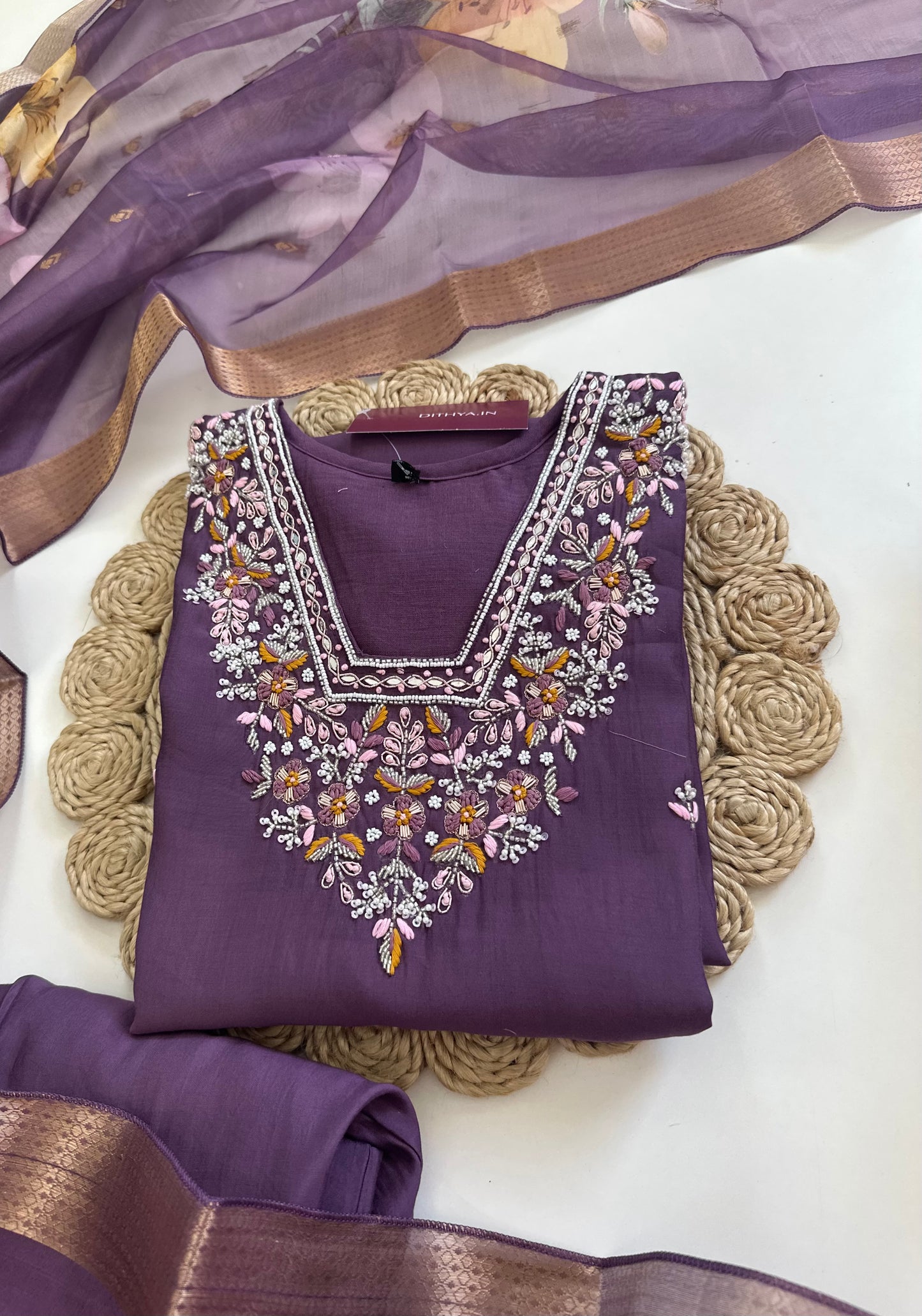 K217 - Modal silk Handwork straight kurti with pants and dupatta in 2 colours .