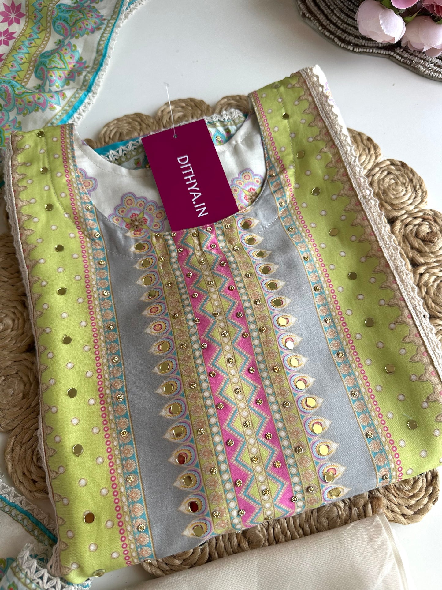 K210 - Pure muslin handwork straight Kurti with pants and dupatta