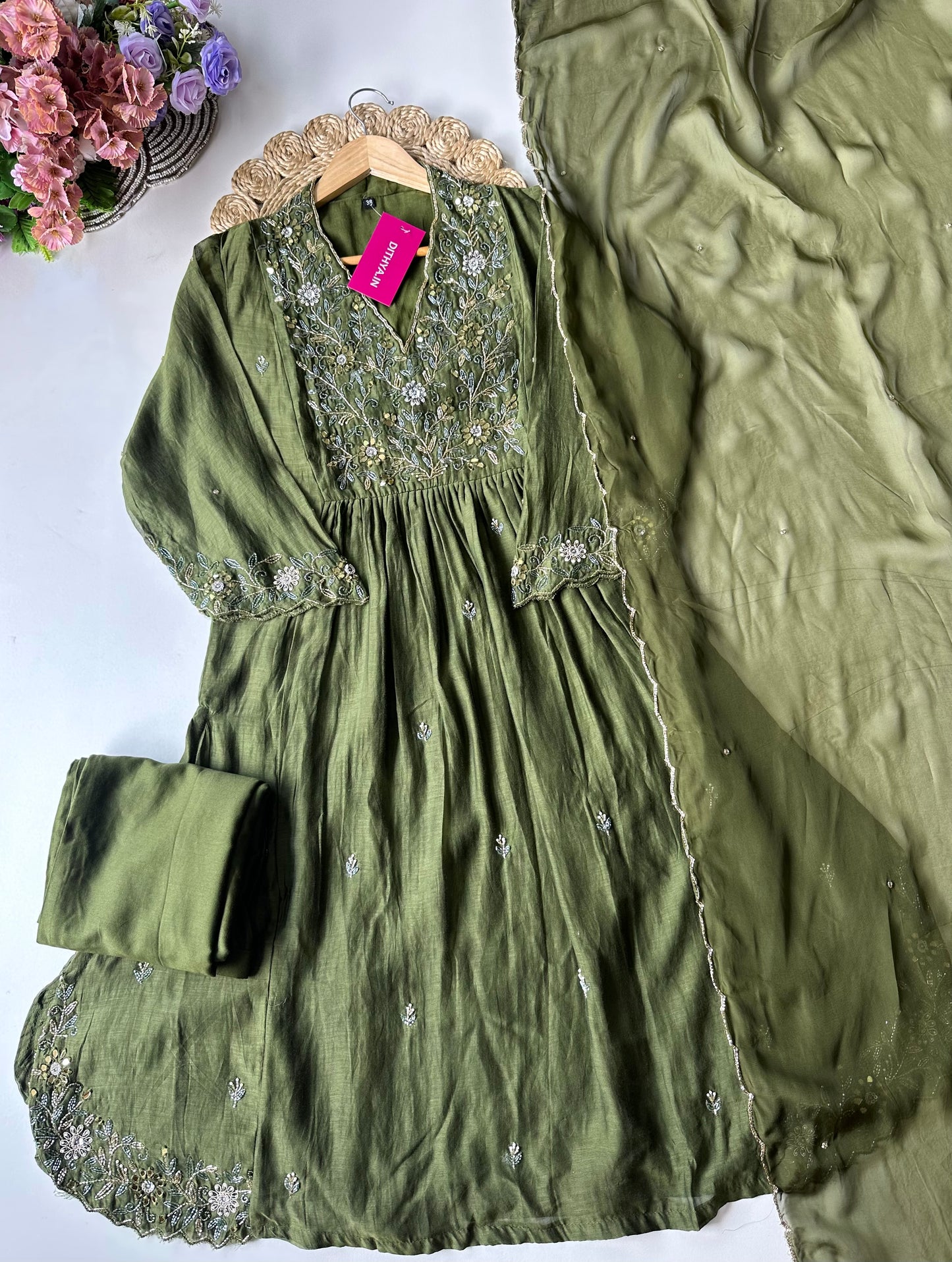 K392 - Mul Chanderi handwork Anarkali with pants and dupatta