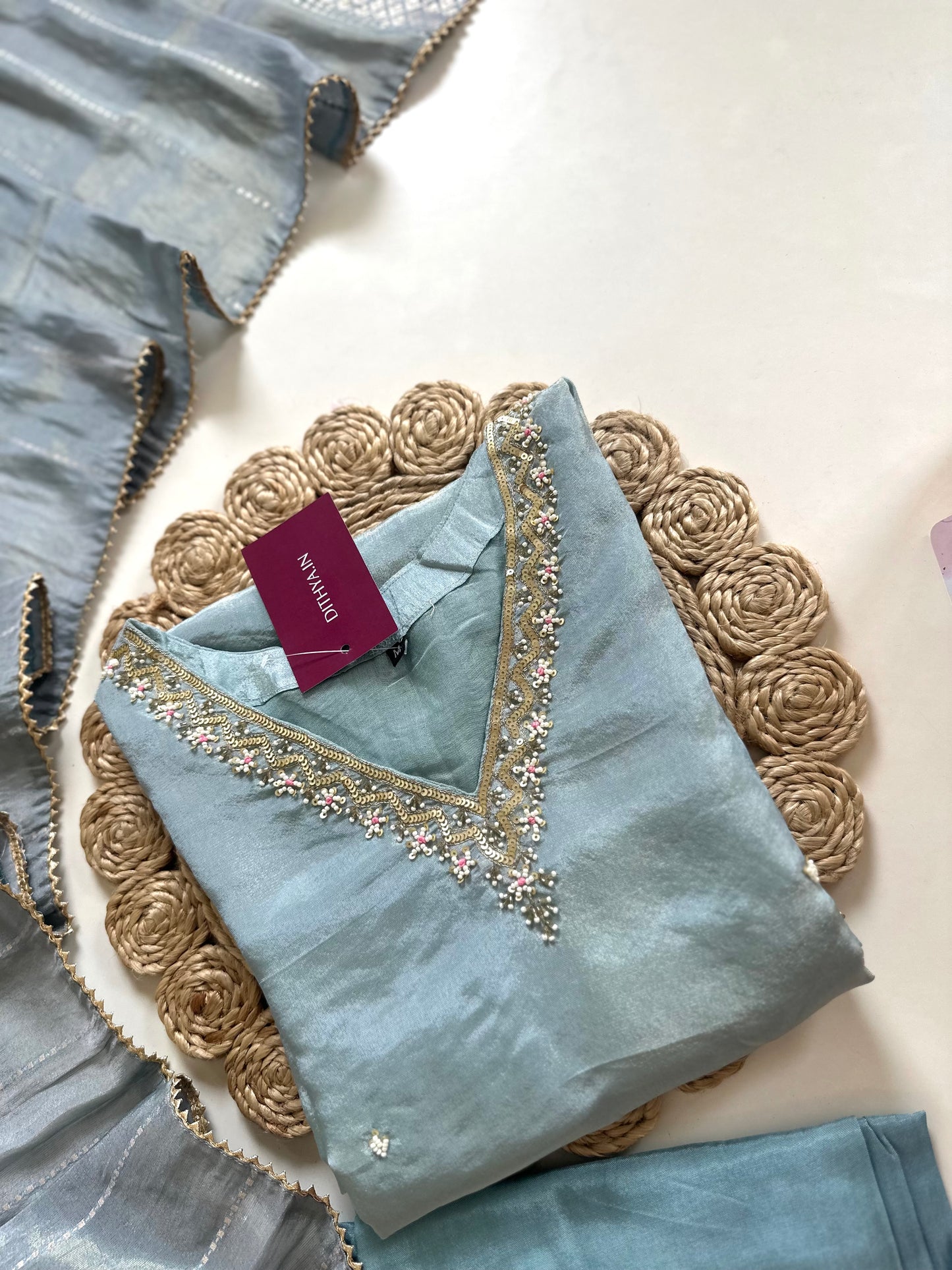 K203 - Tissue silk handwork straight kurti with pants and dupatta .