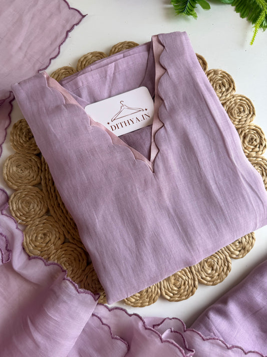 K687 - Mul chanderi appliqué work straight Kurti with pants and dupatta