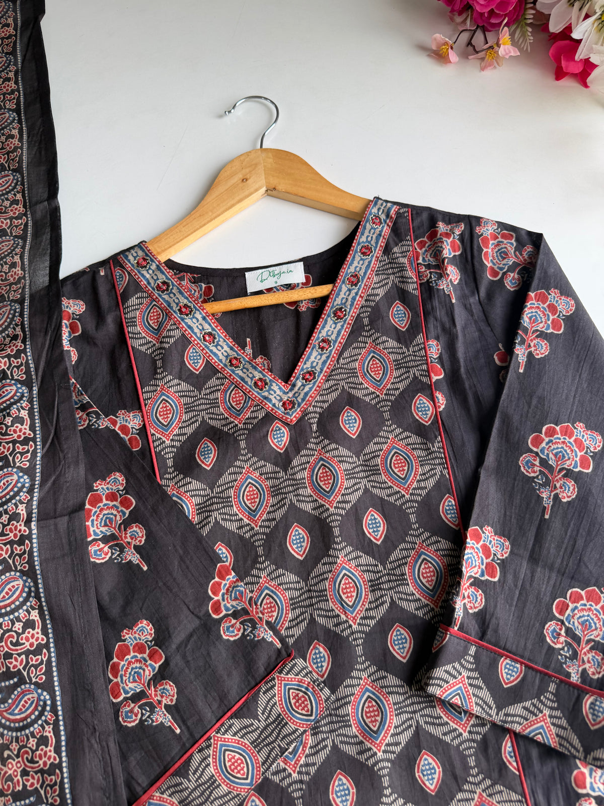 K306 - Mul cotton embroidered straight Kurti with pants and dupatta