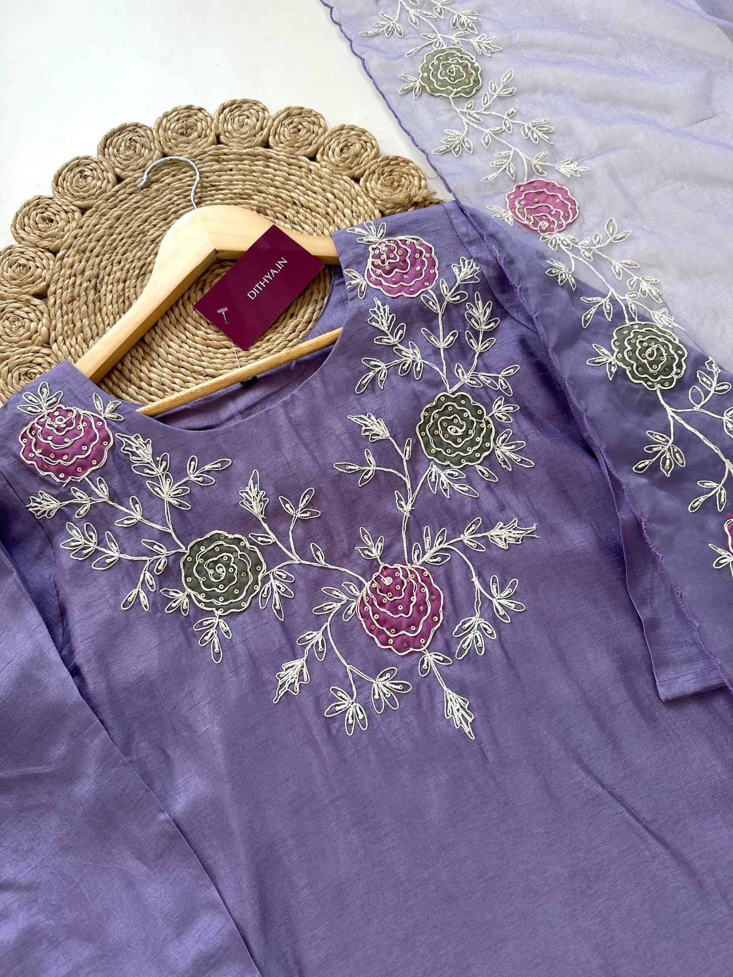 K077 - Handwork Russian silk Straight kurti with pants and dupatta .