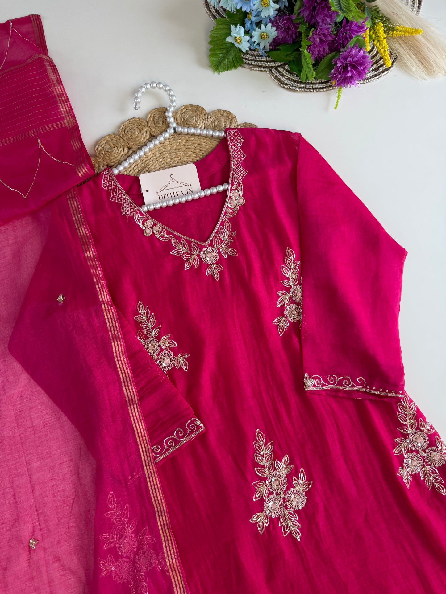 K508 - Mul chanderi handwork Aline Kurti with pants and dupatta
