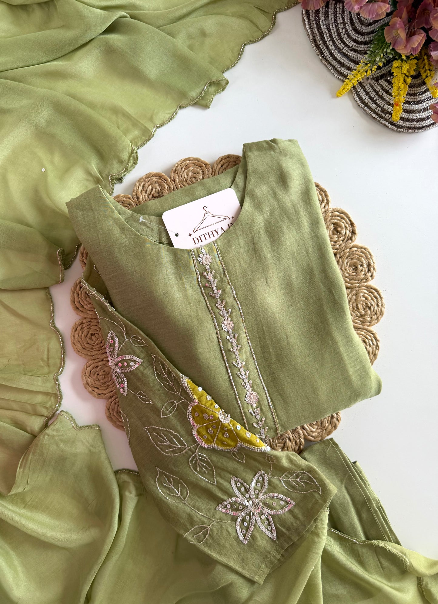 K181 - Mul chanderi handwork Aline Kurti with pants and dupatta in 2 colours