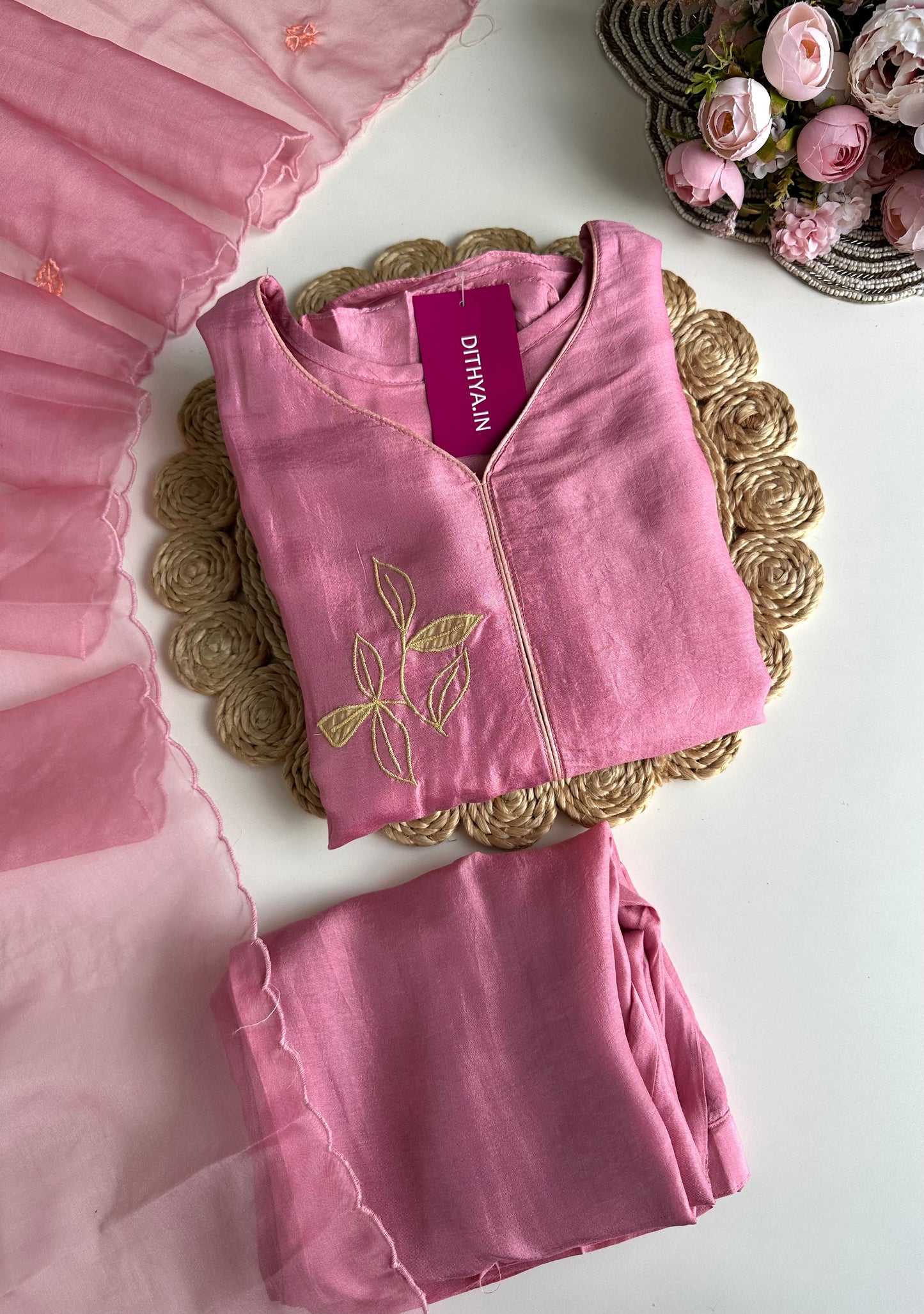 K360 - Mul Chanderi appliqué work Aline Kurti with pants and dupatta