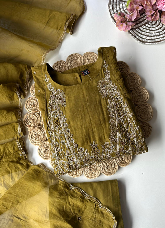 K197 - Mul Chanderi zari work Aline Kurti with pants and dupatta