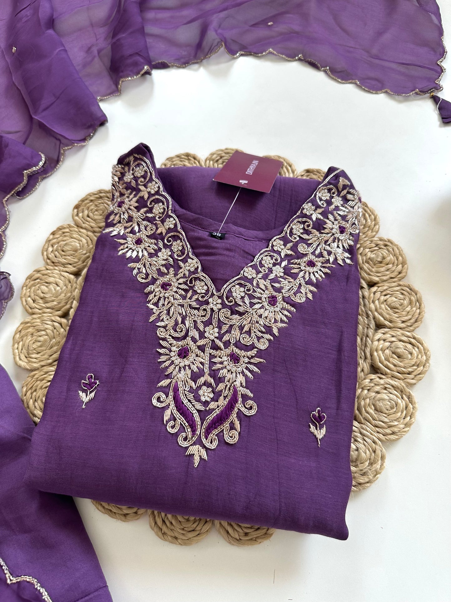 K126 - Zardosi mul Chanderi Aline Kurti with pants and dupatta