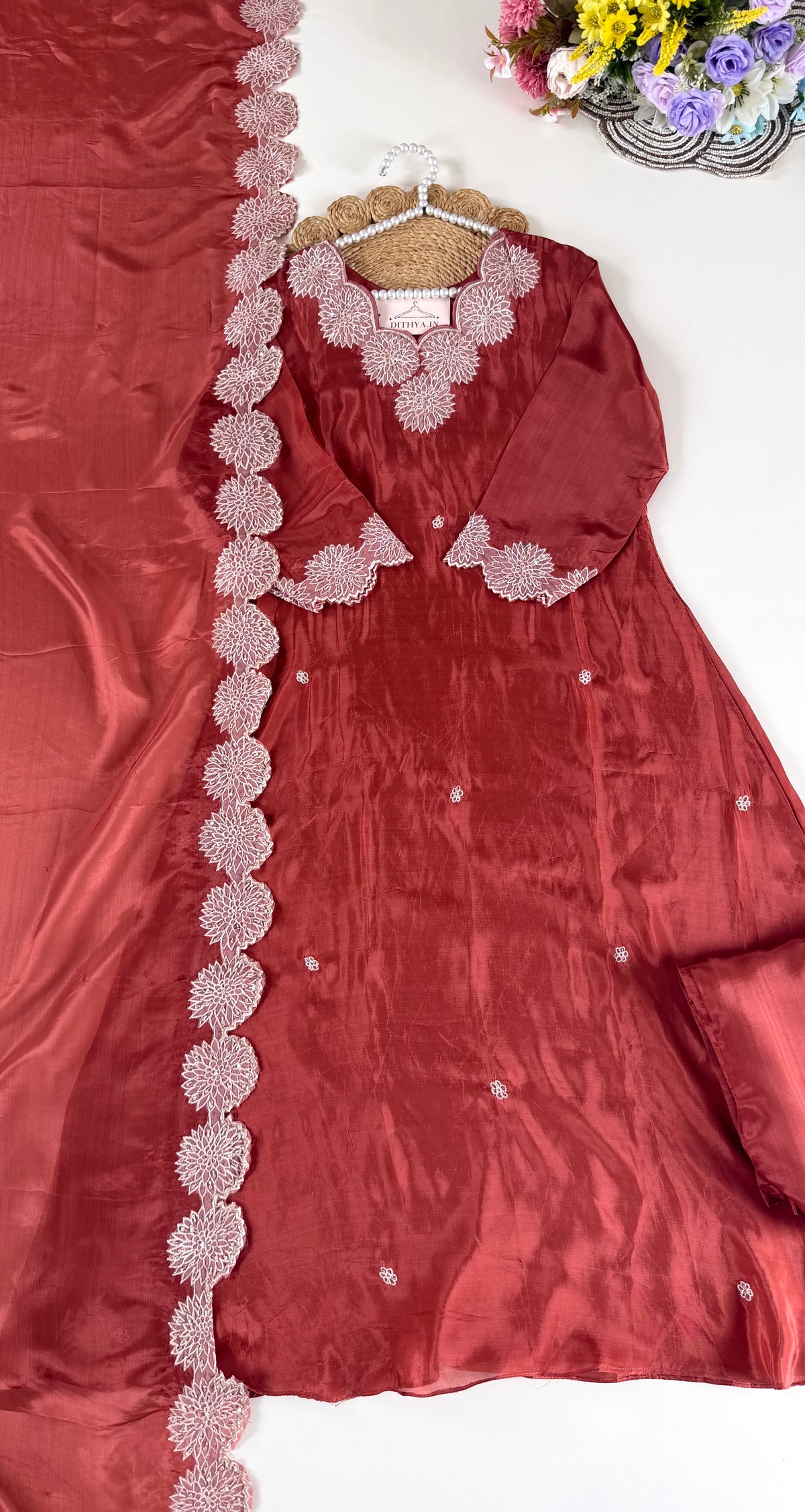 K467 - Pure Ho silk handwork aline Kurti with pants and dupatta