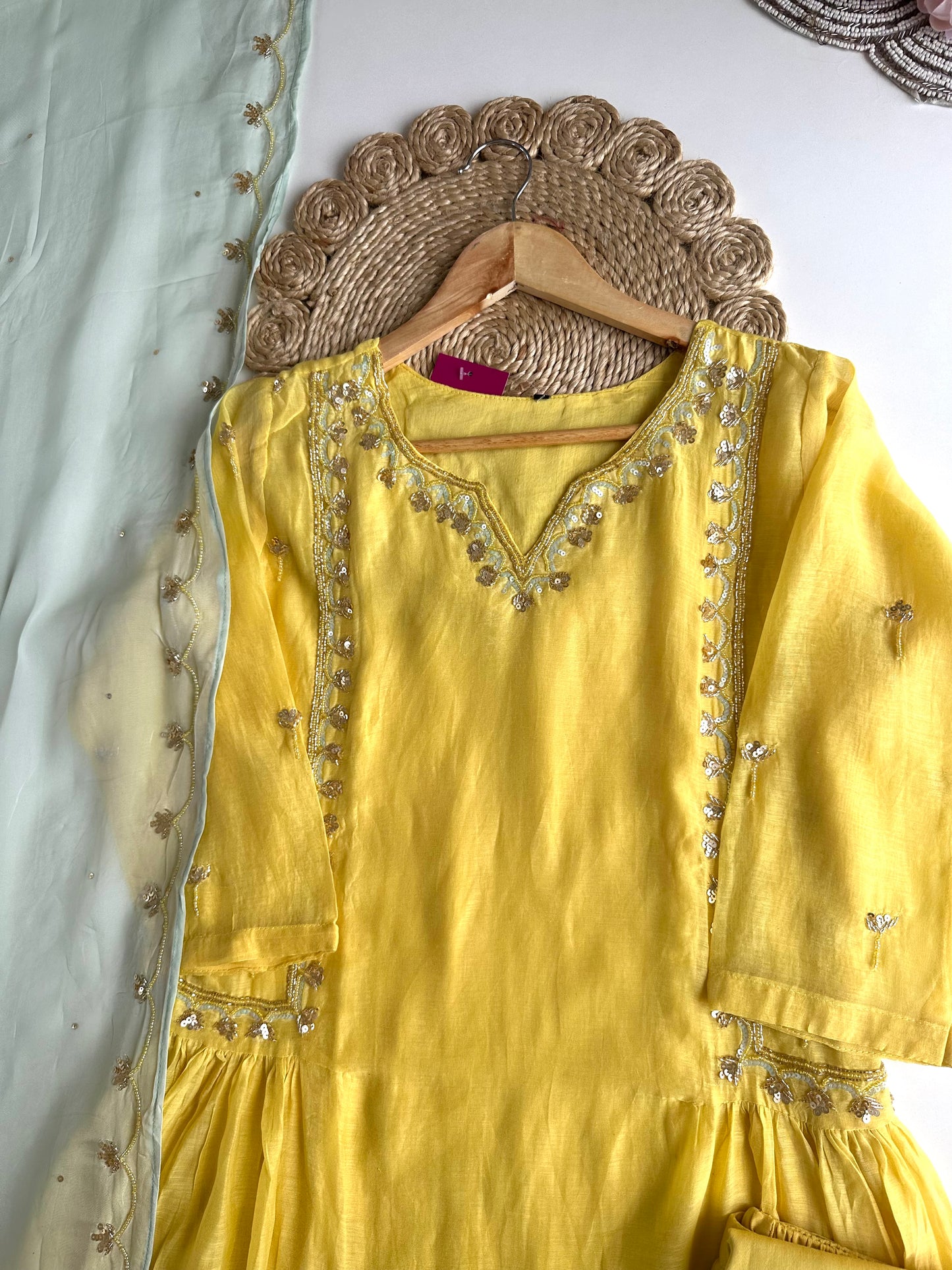 K360 - Mul Chanderi handwork Aline Kurti with pants and dupatta