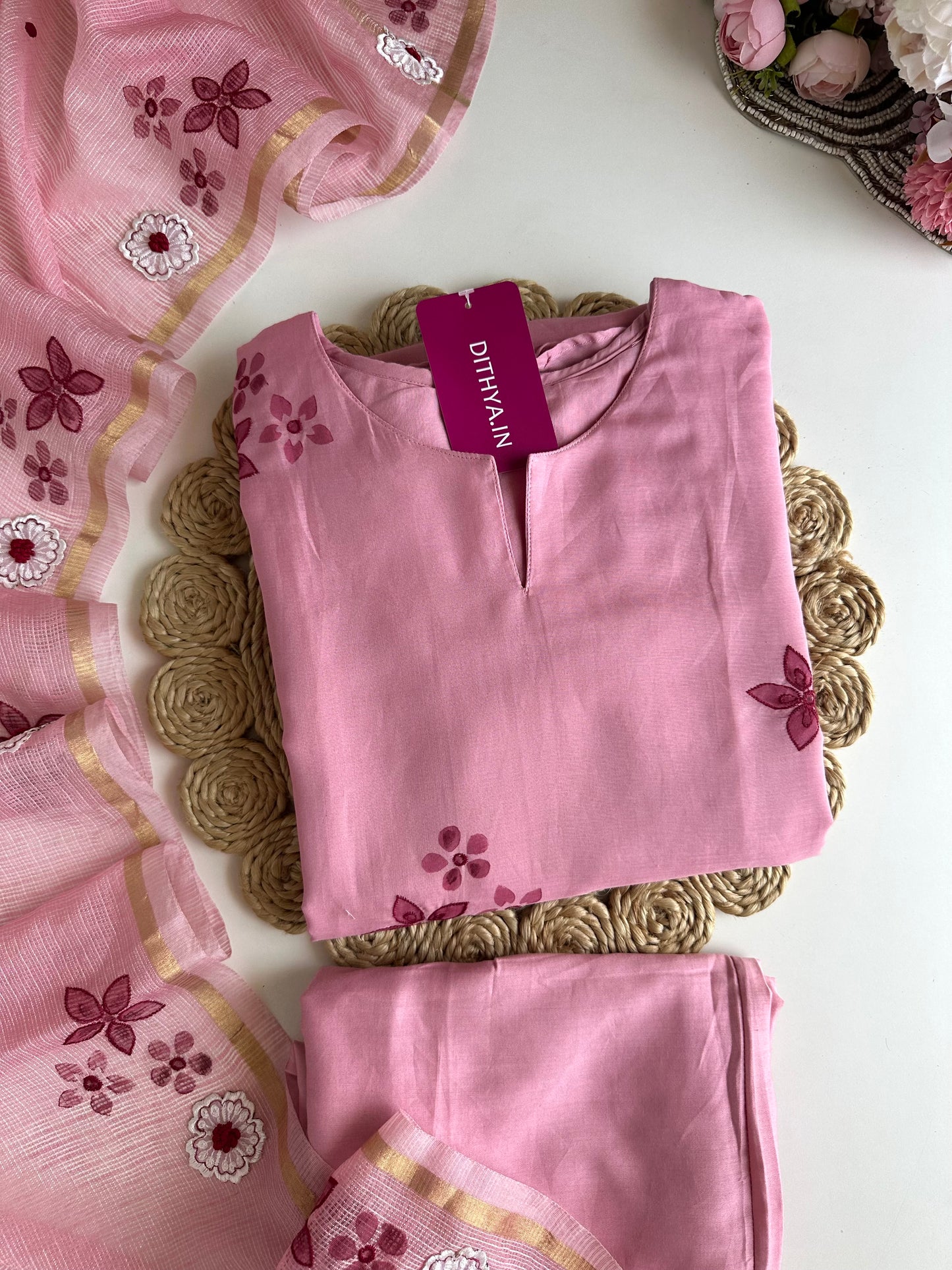 K163 - Mul Chanderi appliqué work Aline Kurti with pants and dupatta