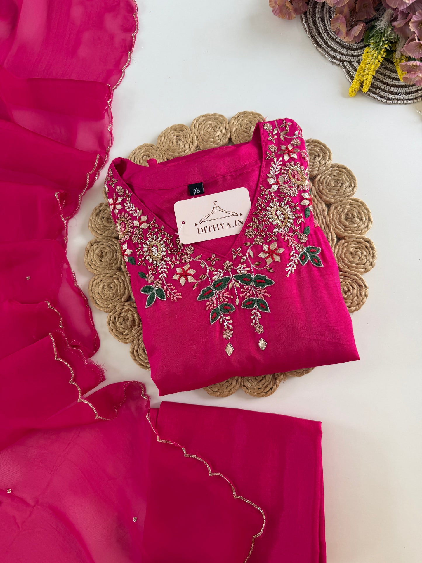 K520 - Russian silk handwork aline Kurti with pants and dupatta