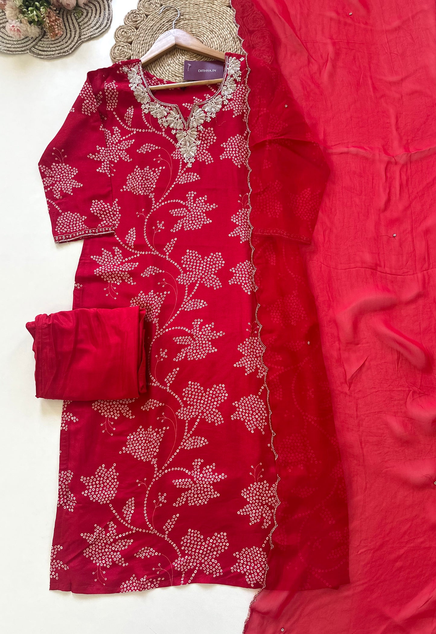 K295 - Russian silk handwork straight kurti with pants and dupatta.