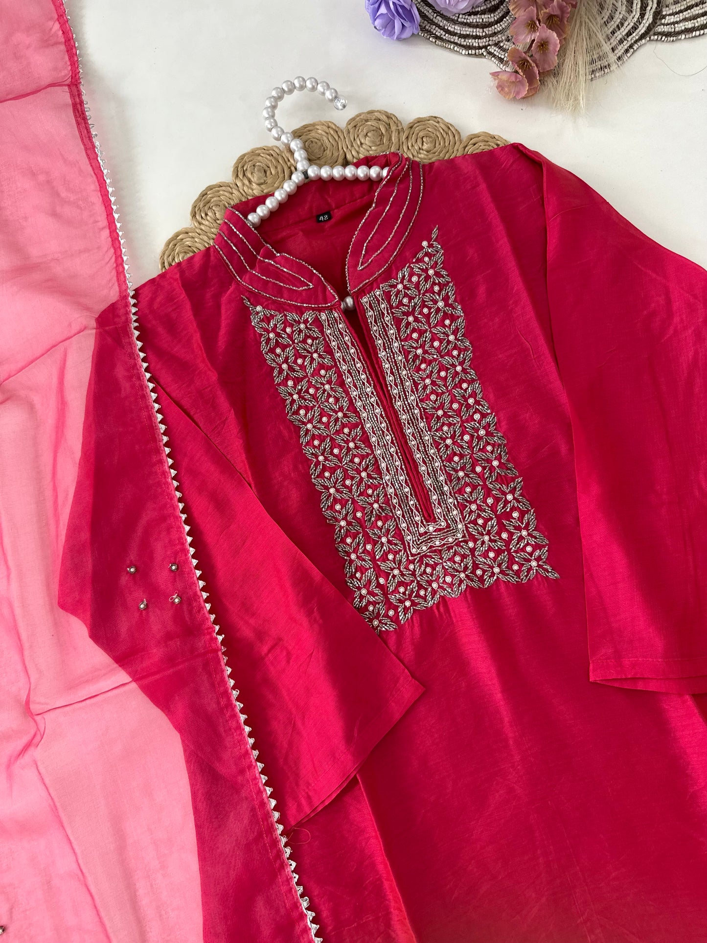 D416-Dola silk straight kurti with pants and dupatta