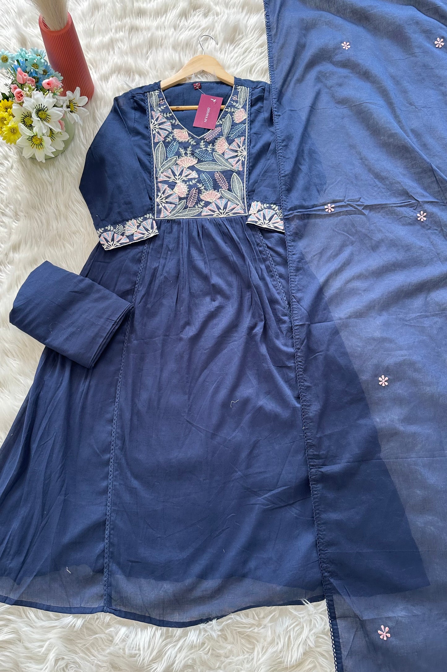 K012 - Mulmul cotton embroidered Aline Kurti with pants and dupatta in 2 colours