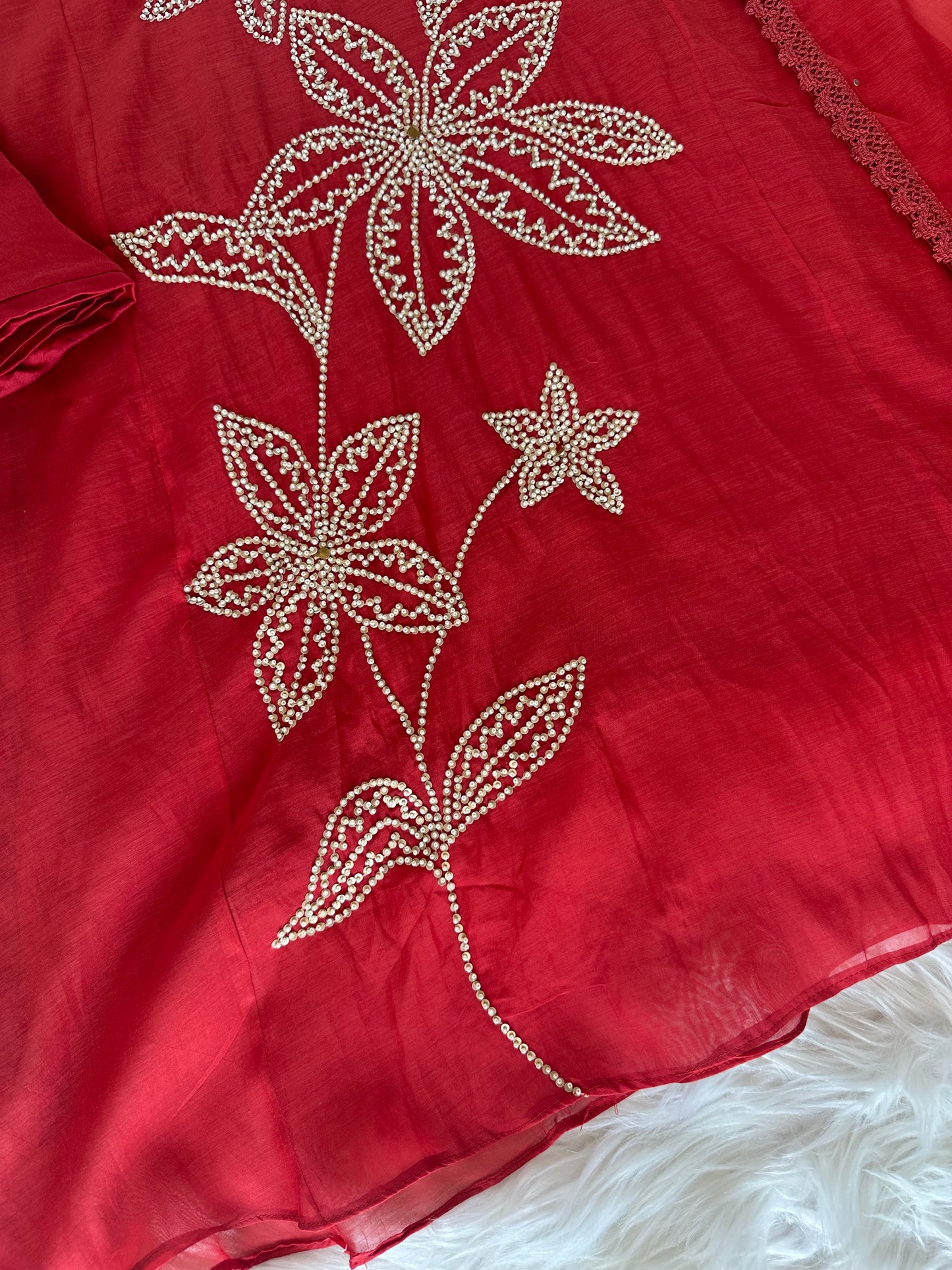 K382 - Mul Chanderi handwork Aline Kurti with pants and dupatta